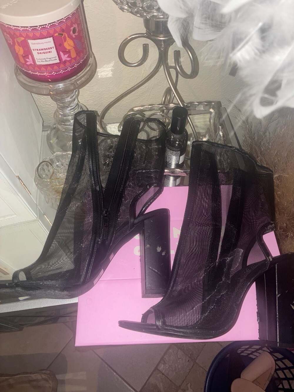 Leith Saber Mesh Open Toe Sandal Block Heel Ankle Booties